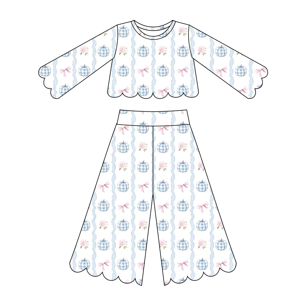 ( Moq 5 ) Preorder Baby Girls Kids Plaid Pumpkins Bows Shirt Scallop Pants Set Fall Clothes