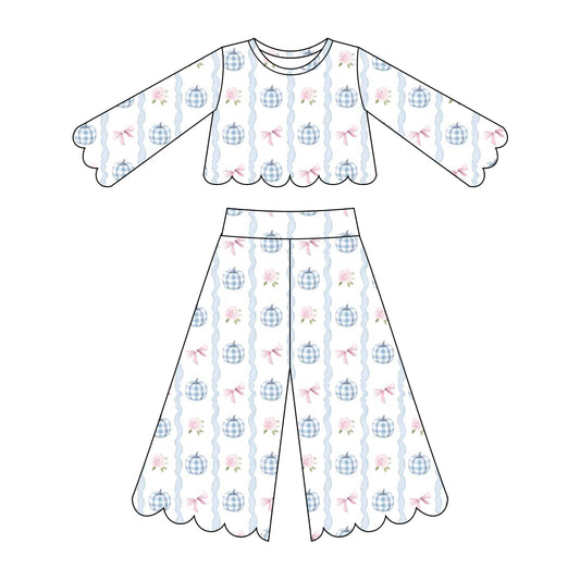 ( Moq 5 ) Preorder Baby Girls Kids Plaid Pumpkins Bows Shirt Scallop Pants Set Fall Clothes