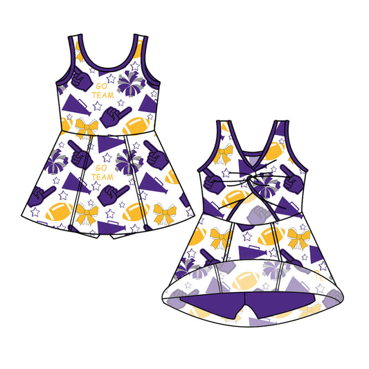 ( Moq 5 ) Baby Girl Toddler Sleeveless Football Team Bows Cheer Purple Yellow Skort Dress 6.7