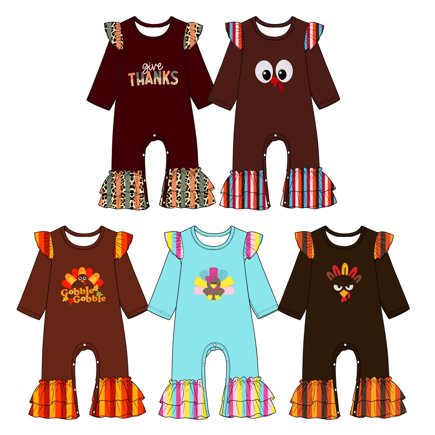 ( Moq 5 Each Style ) Sibling Baby Girls Infant Long Sleeves turkey Thanksgiving Ruffle Rompers Clothes