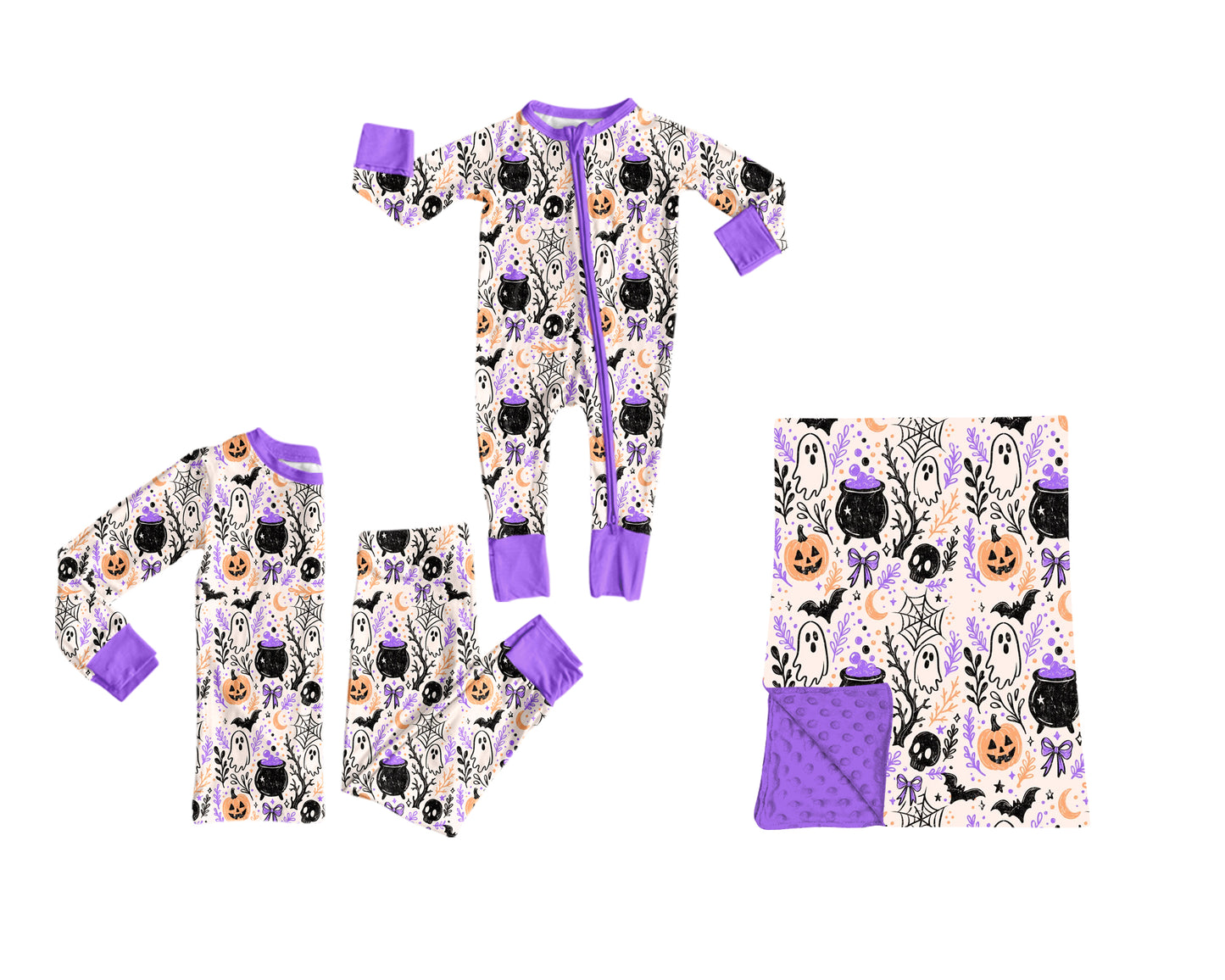 ( Moq 5 ) Sibling Baby Boys Kids Pumpkins Ghosts Bows Halloween Zipper Romper Set Blanket Clothes