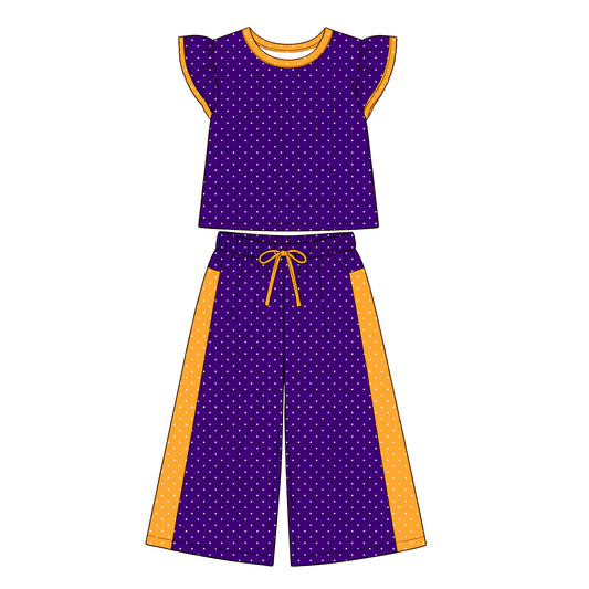 ( Moq 5 ) Baby Girls Kids Short Sleeves Dots Tops Pants Purple Set Clothes