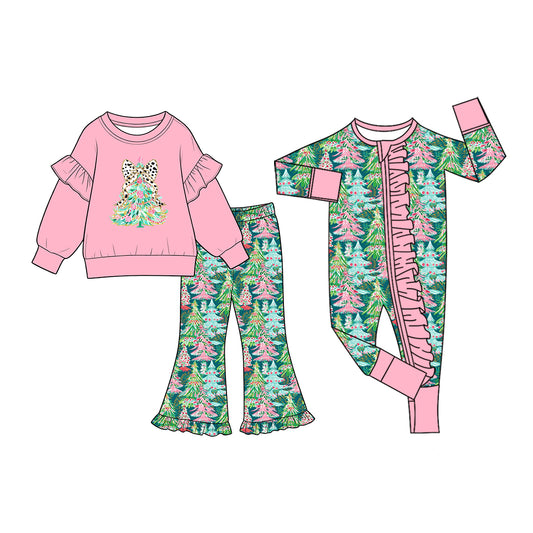 ( Moq 5 Each Style ) Sibling Baby Girls Kids Christmas Tree Bows Zipper Romper Set Clothes