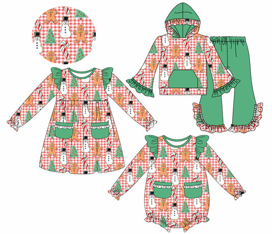 ( Moq 5 Each Style ) Sibling Baby Girls Kids Christmas Gingerbread Pockets Romper Dress Set Clothes