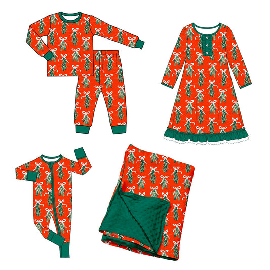 ( Moq 5 Each Style ) Baby Girls Kids Christmas Tree Bows Sibling Romper Nightgown Dress Set Blanket Clothing