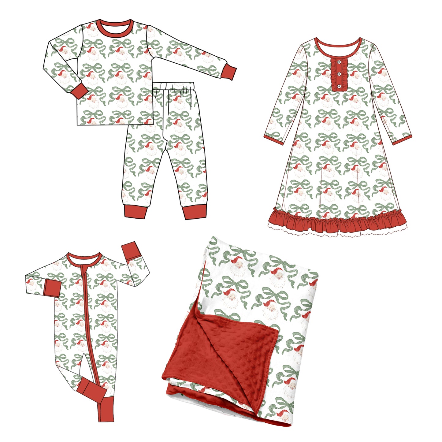 ( Moq 5 Each Style ) Baby Girls Kids Christmas Santa Bows Sibling Romper Nightgown Dress Set Blanket Clothes