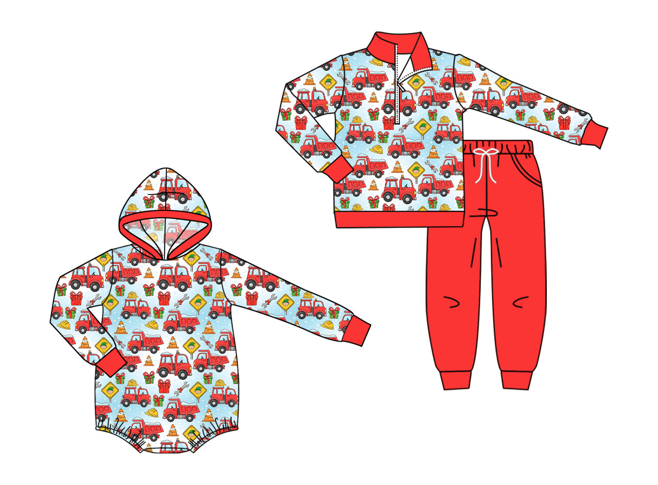 ( Moq 5 Each Style ) Sibling Baby Boys Kids Long Sleeves Trucks Christmas Romper Set Clothes