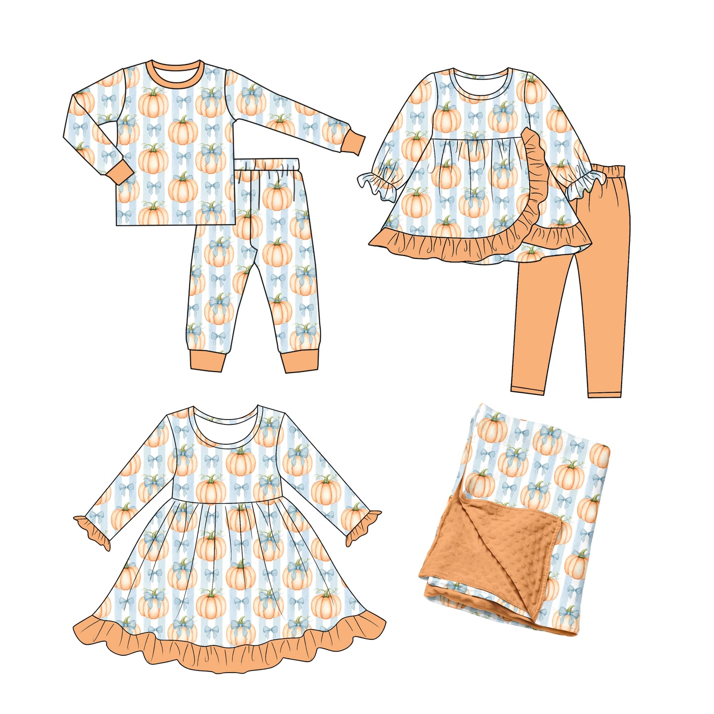 ( Moq 5 ) Sibling Baby Girls Kids Pumpkins Bows Stripes Fall Dress Sets Blanket Clothes