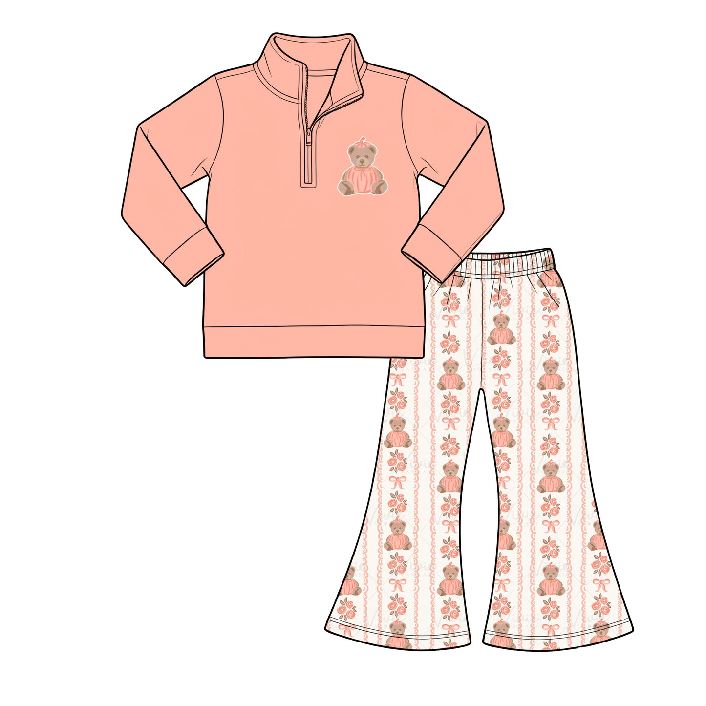 ( Moq 5 ) Baby Girls Toddler Long Sleeves Zipper Pullover Pumpkins Bows Flower Pants Fall Clothes Set