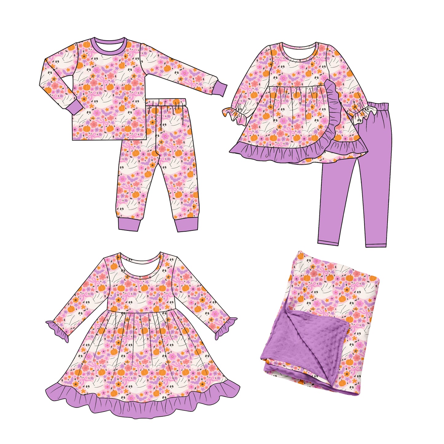 ( Moq 5 ) Sibling Baby Girls Kids Pumpkins Ghosts Flower Fall Dress Sets Blanket Clothes