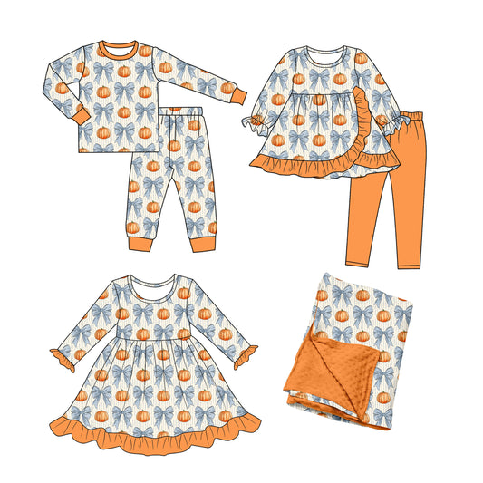 ( Moq 5 ) Sibling Baby Girls Kids Pumpkins Bows Fall Dress Sets Blanket Clothes