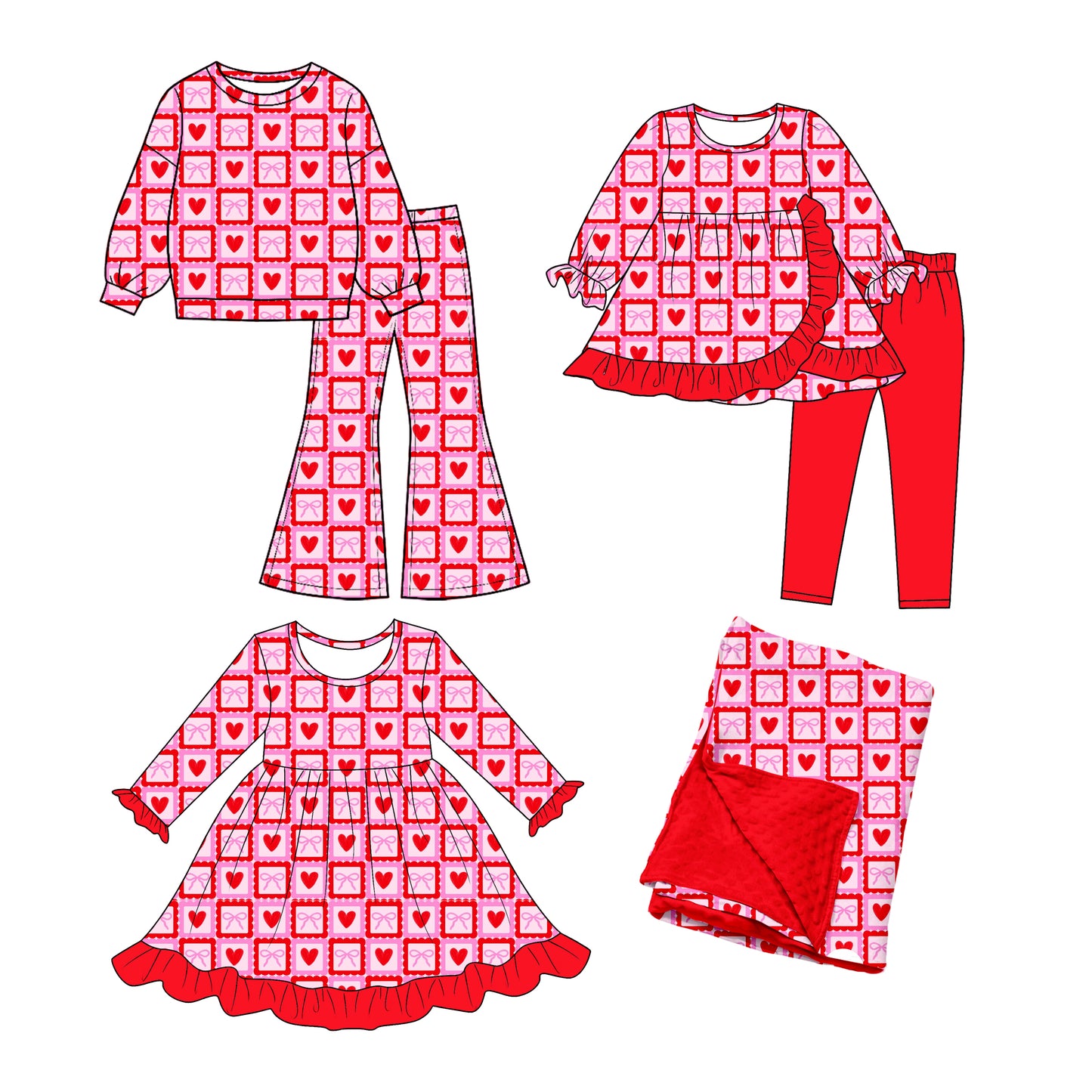 ( Moq 5 each style ) Sibling Baby Girls Kids Hearts Bows Valentine Dress Sets Blanket Clothes