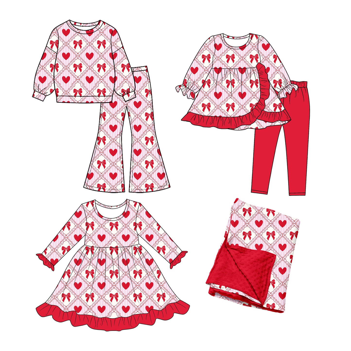 ( Moq 5 each style ) Sibling Baby Girls Kids Hearts Bows Valentine Dress Sets Blanket Clothes
