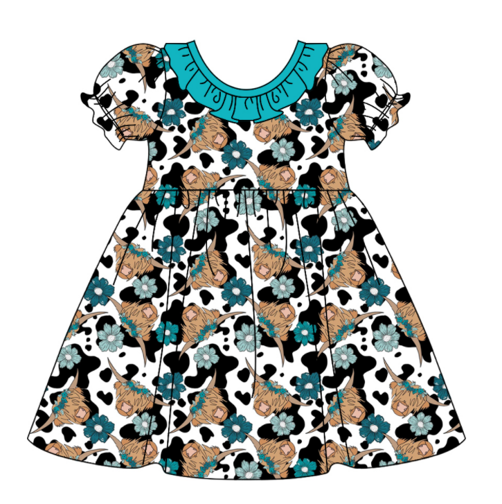 Baby Girl Short Sleeves Shirt Western Cow Flower Dress Moq 5