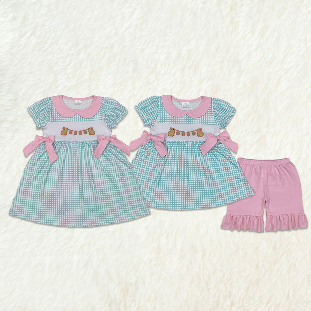 Baby Girl Toddler Short Sleeves Embroidery Rabbits Eggs Bows Sibling Easter Dress Clothes Outfit RTS