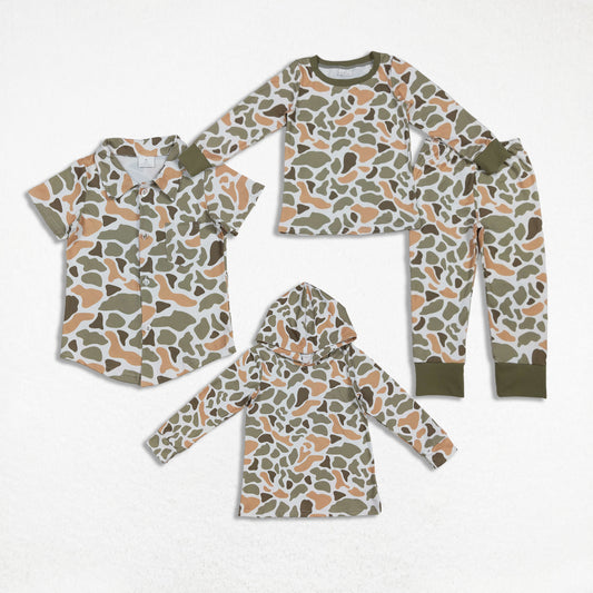 Sibling Boys Kids Green Orange Camo Hunting Shirt Pajamas Set Clothes RTS