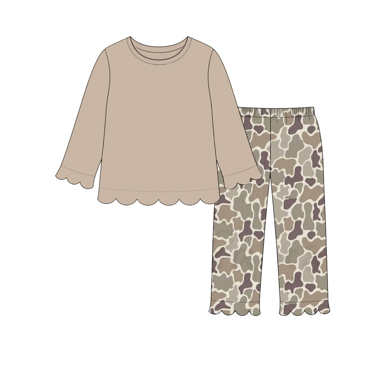 ( Moq 5 ) Preorder Baby Girls Kids Long Sleeves Khaki Shirt Camo Pants Scallop Set Clothes