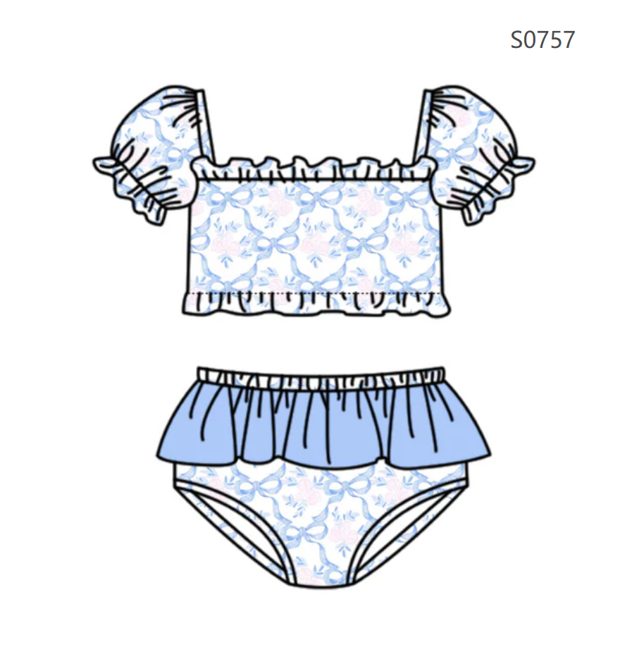( Moq 5 ) Preorder Baby Girls Kids Short Sleeves Flower Blue Bows Tops Brown Ruffle Shorts Set Swimsuit