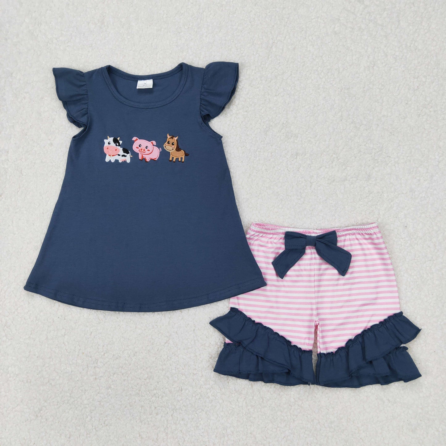 Baby Girl Short Sleeves Embroidery Farm Animals Shirt Stripes Shorts Clothes Set RTS