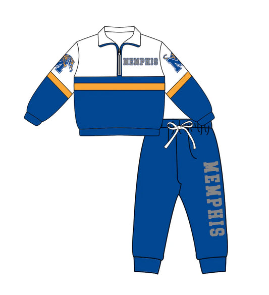 ( Moq 5 ) Baby Boys Kids Blue Long Sleeves Zipper Shirt Jogger Pants Tiger Team Clothes Set