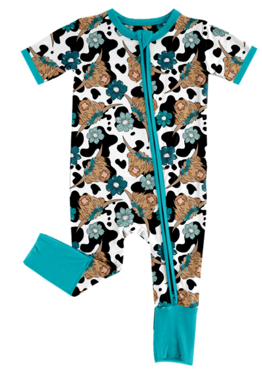 Baby Girl Short Sleeves Western Cow Flower Zipper Romper Moq 5