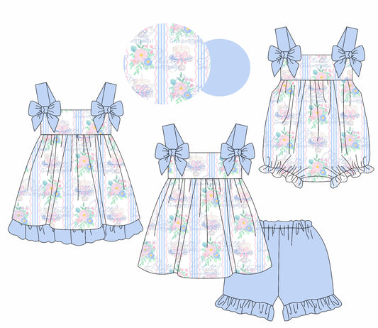 Baby Girl Straps Blue Bows Flower Sibling Romper Dress Set ( Moq 5 Each Style ) 1.17