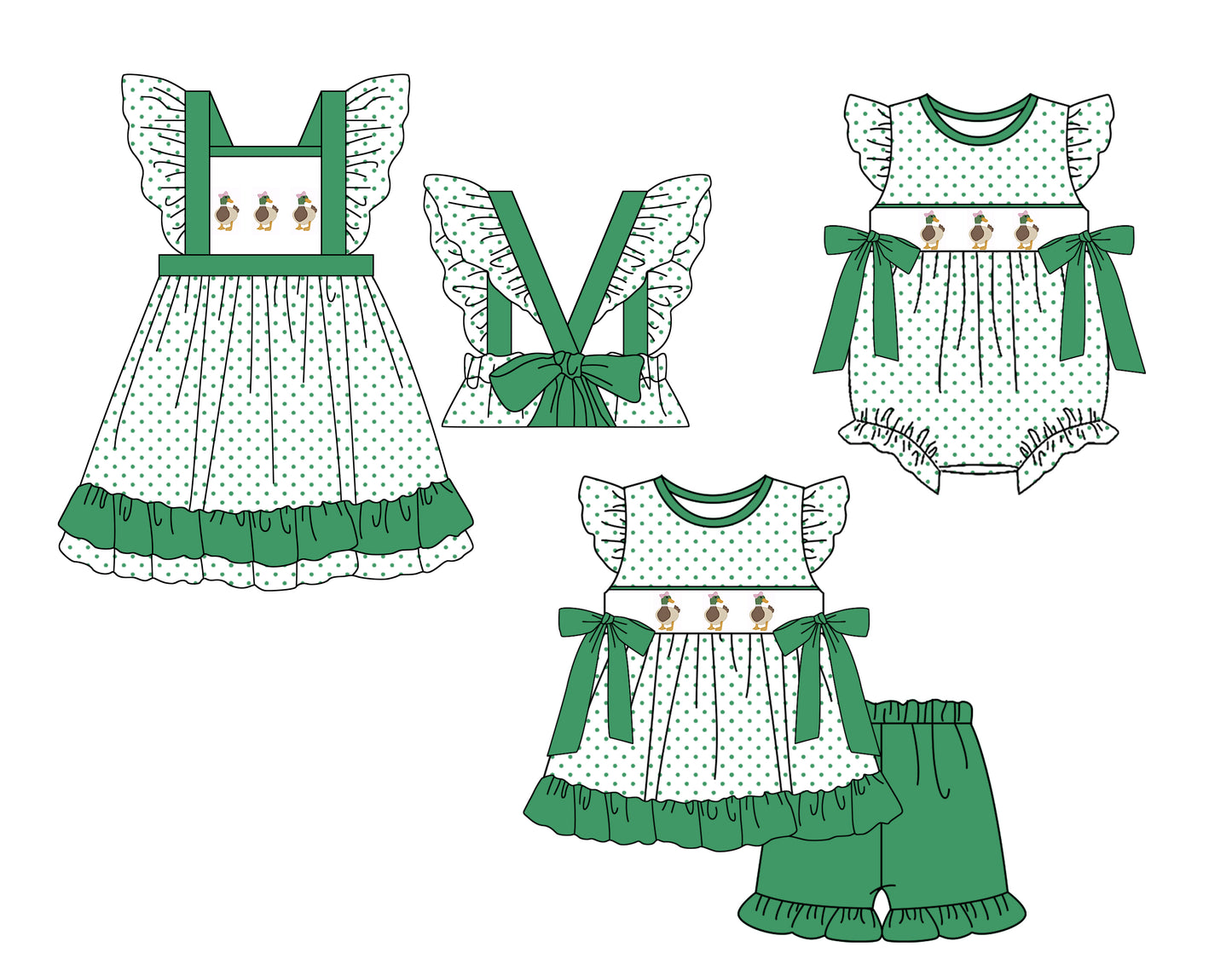 Baby Girl Ducks Dots Sibling Summer Green Romper Dress Clothes Set ( Moq 5 Each Design )11.23