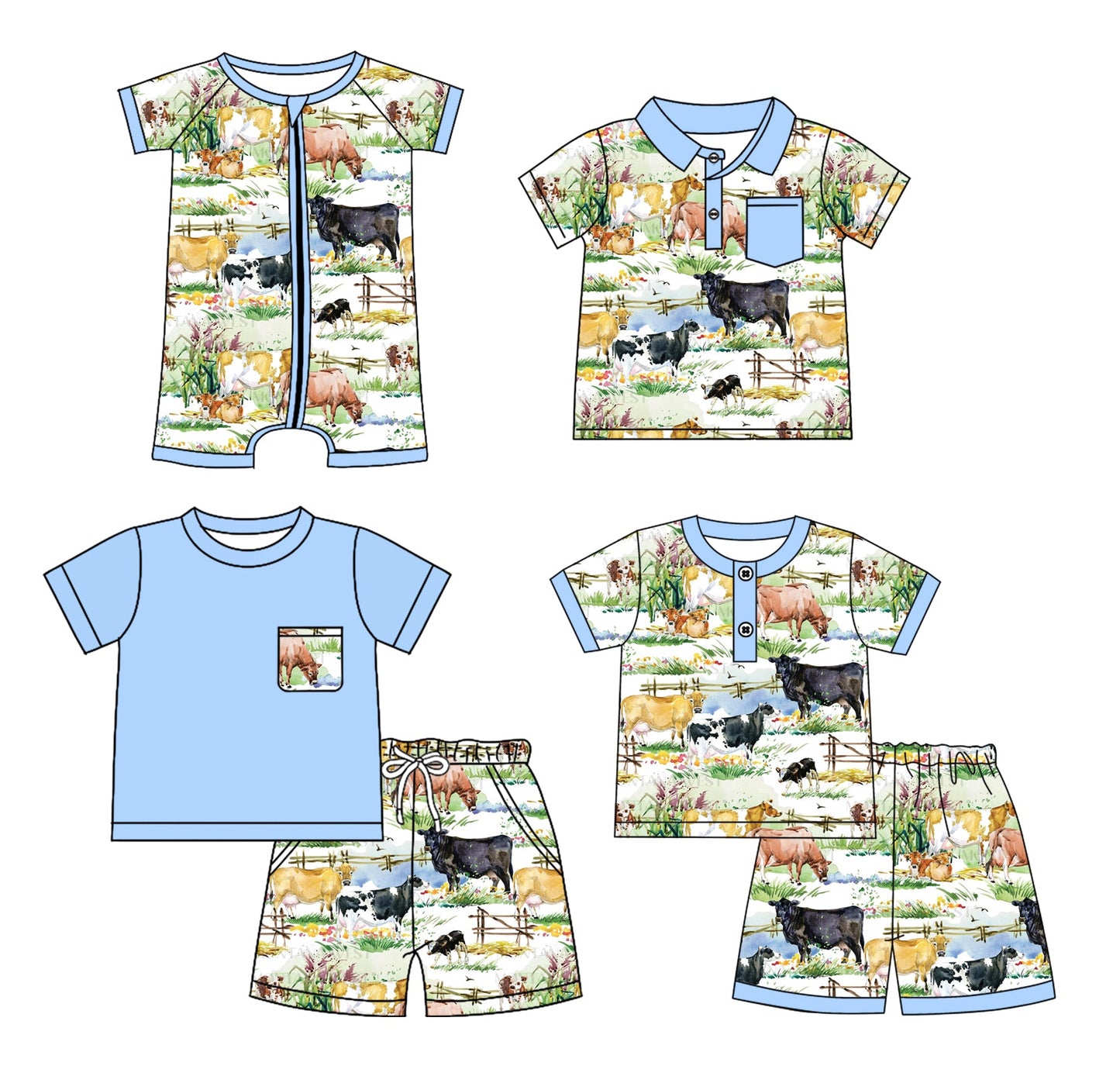 Baby Boy Short Sleeves Farm Cow Blue Sibling Romper Shirt Set ( Moq 5 Each Style ) 3.19