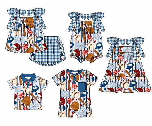 Baby Boy Girl Short Sleeves Baseball Sibling Dress Romper Clothes Set ( Moq 5 Each style )12.3