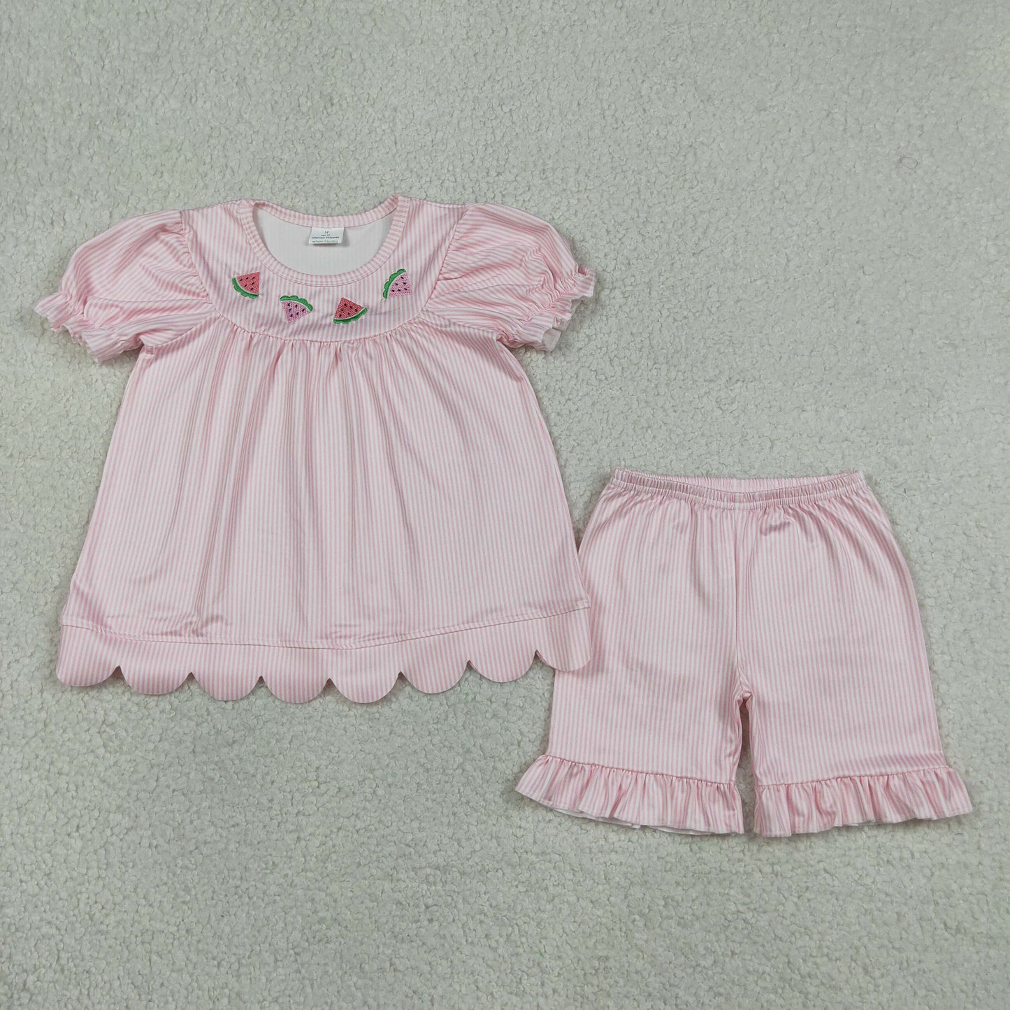 Baby Girls Kids Short Sleeves Embroidery Watermelon Tunic Pink Plaid Shorts Set RTS