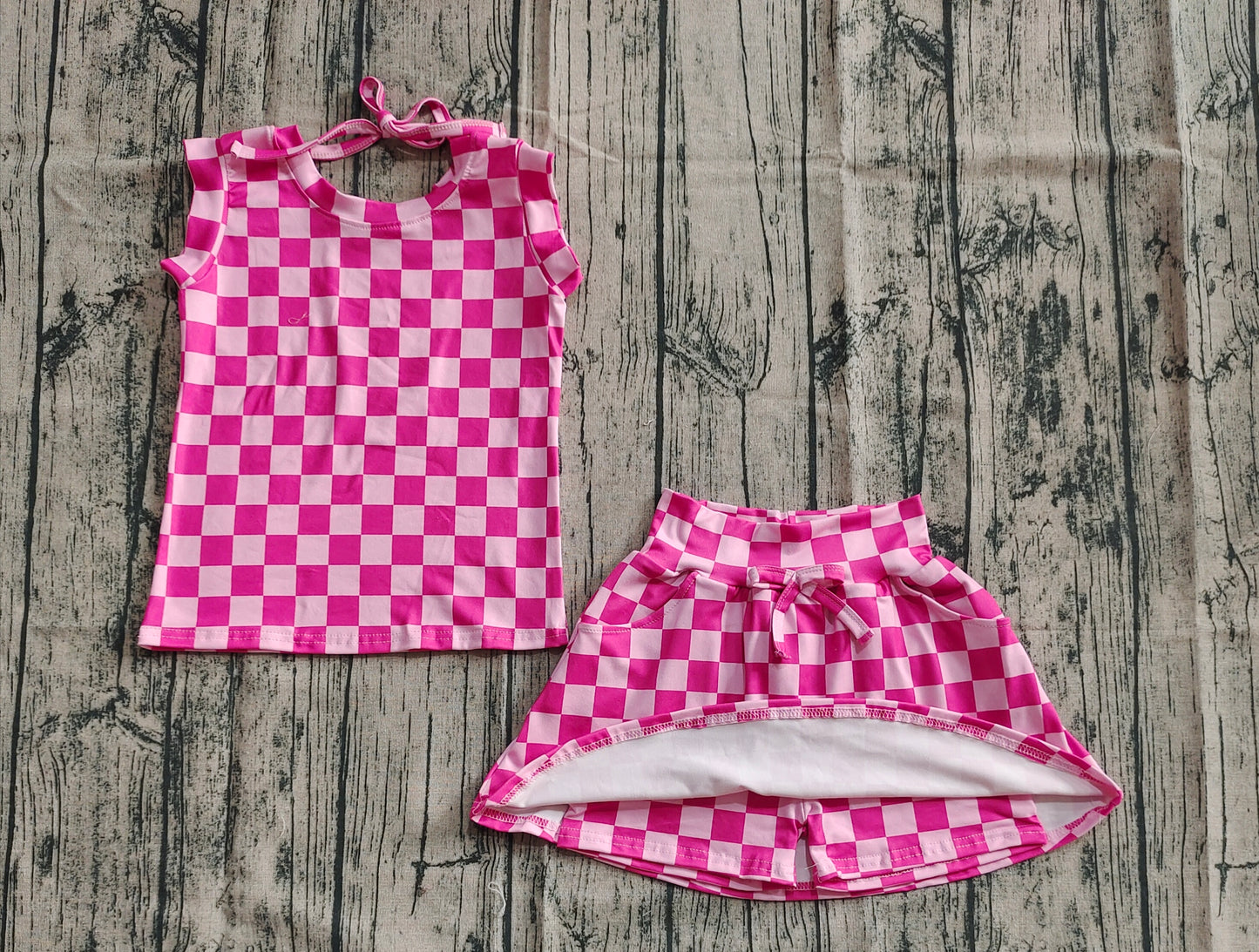 Baby Girl Sleeveless Pink Checked Tops Pockets Shorts Skirt Skort Set RTS