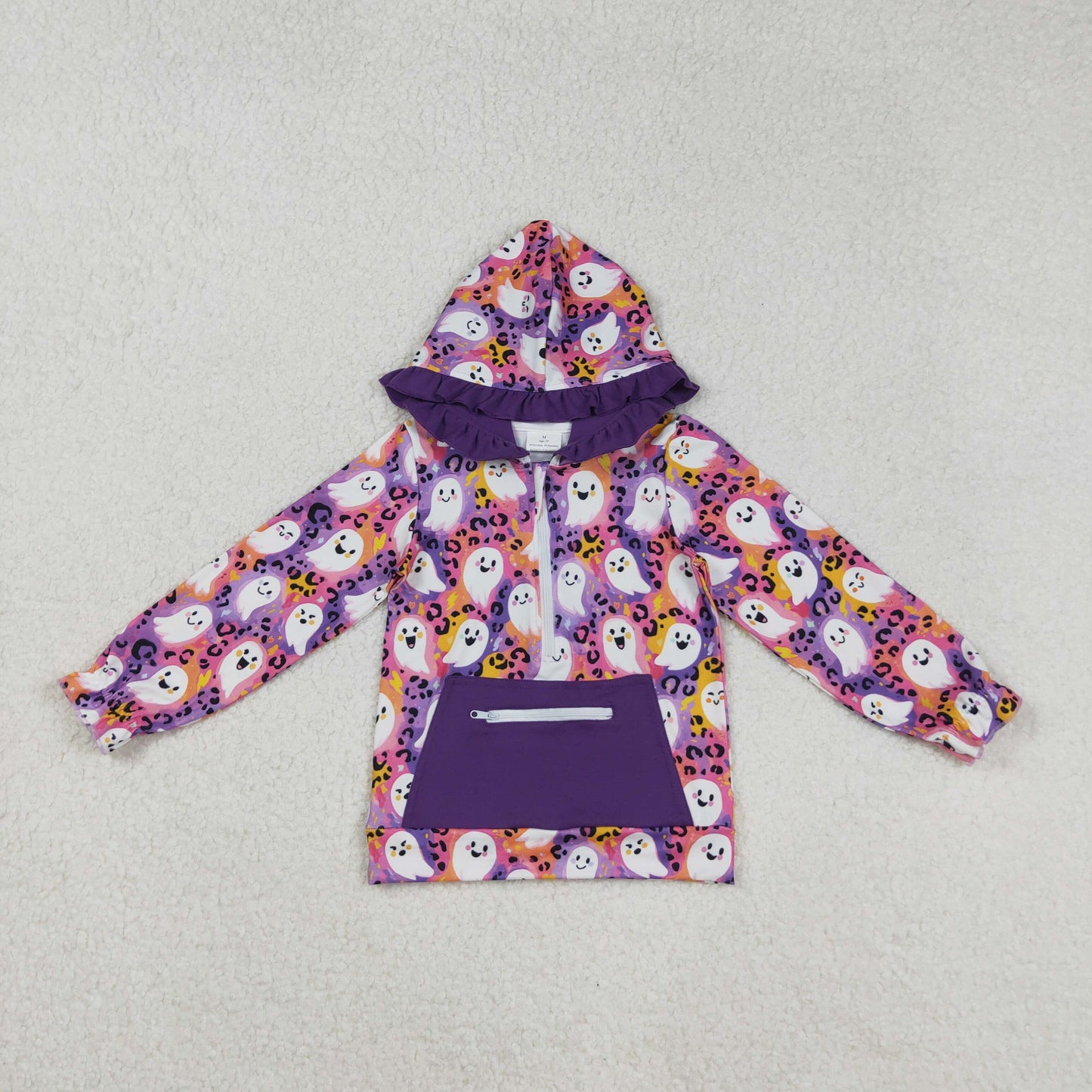 Baby Girl Long Sleeves Ghost Leopard Zipper Pocket Purple Halloween Shirt RTS