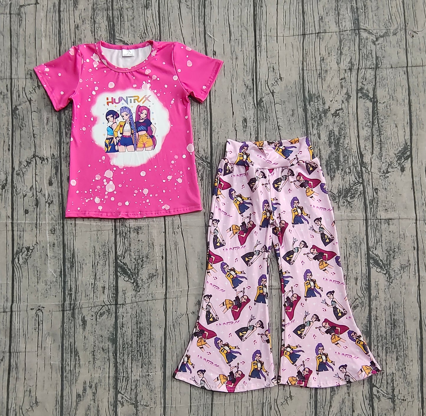 Baby Girls Short Sleeves Music Character Shirt Bell Pants Pink Set RTS