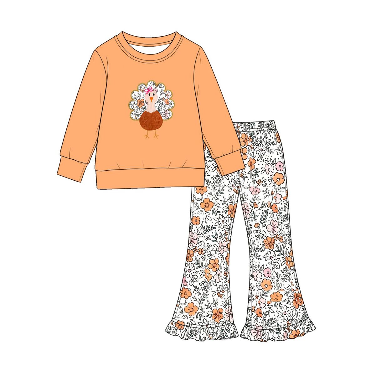 ( Moq 5 ) Preorder Baby Girls Kids Long Sleeves turkey Thanksgiving Shirt Floral Pants Set Clothes