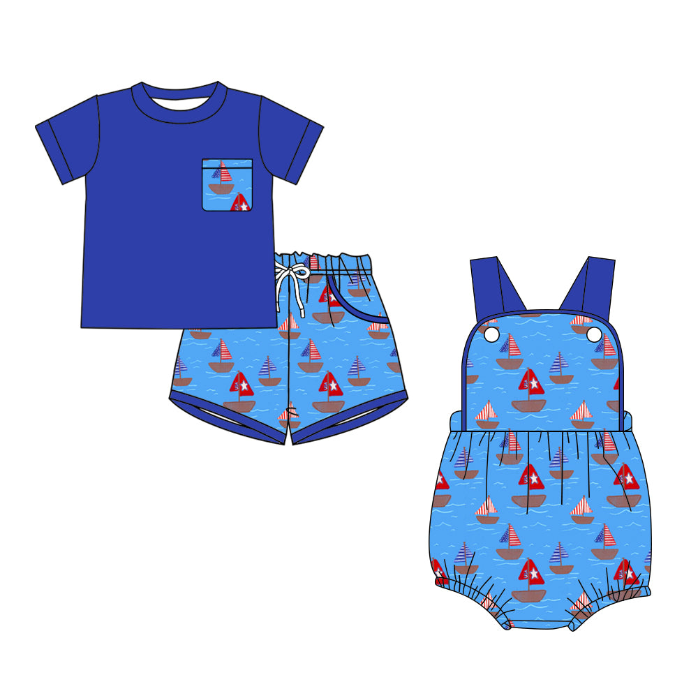 ( Moq 5 Each Style ) Sibling Baby Boys Kids Shirt Pockets Shorts Boats Blue Set Romper