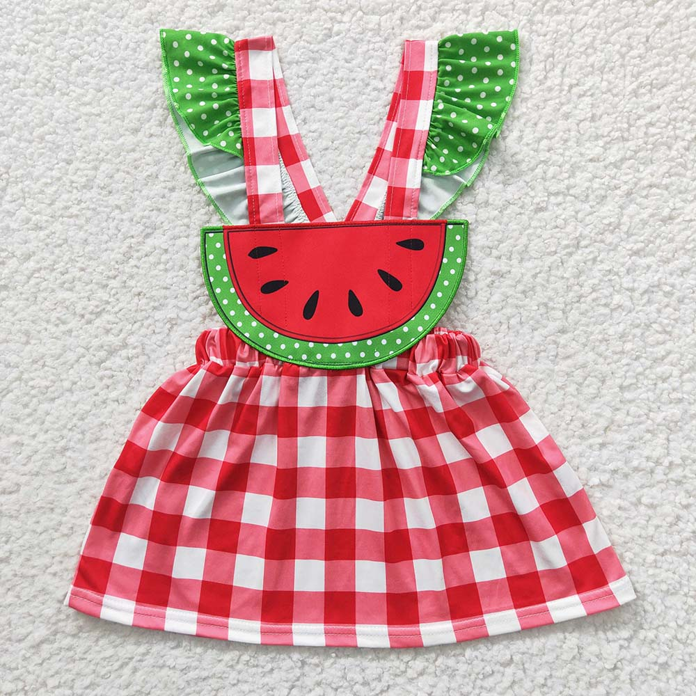Promotion Baby Girl Short Sleeves Embroidery Watermelon Summer Red Plaid Dress