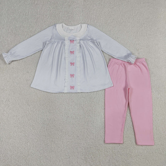 Baby Girls Kids Long Sleeves Embroidery Bows Stripes Tunic Pink Legging Pants Clothes Set RTS