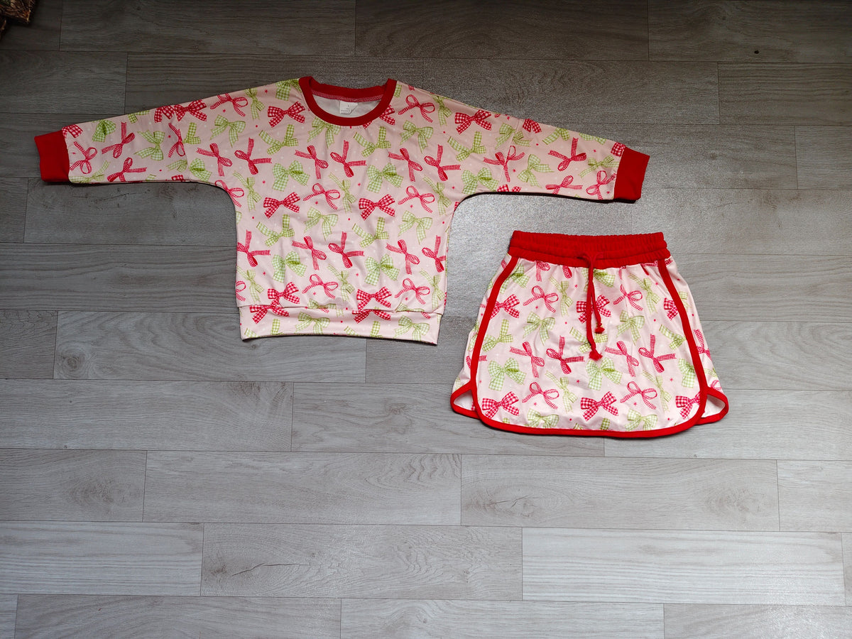 ( No moq ) Preorder Baby Girls Kids Long Sleeves Green Red Bows Shirt Skirt Shorts Set Clothes
