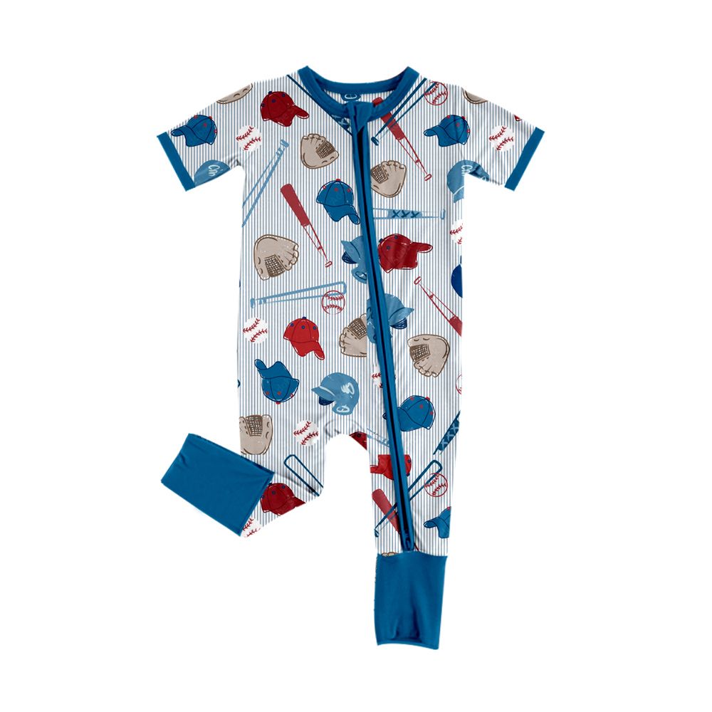 (Moq 5 ) Preorder Baby Boys Kids Short Sleeves Baseball Stripes Zipper Footie Romper Blue Clothes