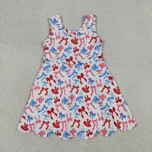 Baby Girls Kids Sleeveless Bows 4th of July Shorts Scallop Knee Length Dress RTS