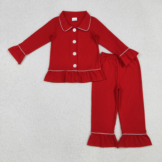 Girls Kids Long Sleeves Red Buttons Shirt Pants Christmas Cotton Pajamas Set RTS