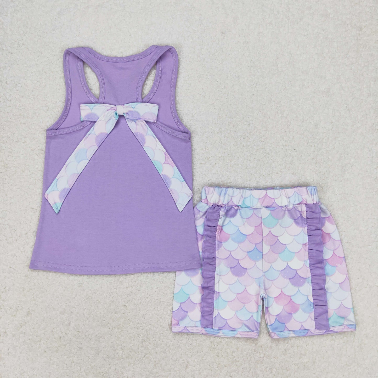 Baby Girl Sleeveless Purple Cotton Tops Mermaid Shorts Summer Set