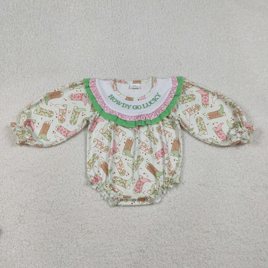 Baby Girls Long Sleeve Embroidery Howdy Boots Green Bubble Ruffle Romper RTS