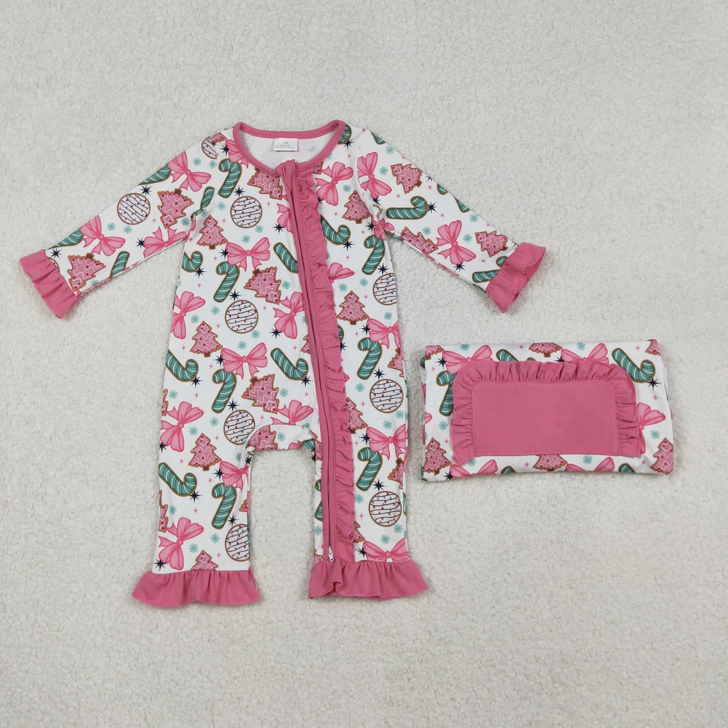 Baby Girl Long Sleeves Candy Cane Pink Bows Tree Christmas Zipper Romper RTS