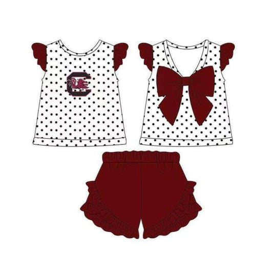 Baby Girl Short Sleeves Red Bow Dots Team Tunic Ruffle Short Clothes Set ( Moq 5 )