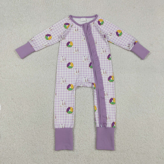 Baby Girls Infant Long Sleeves Donuts Boots Mardi Gras Purple Zipper Romper RTS