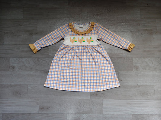 ( No moq ) Preorder Baby Girls Kids Embroidery turkey Thanksgiving Plaid Knee Length Dress Clothes