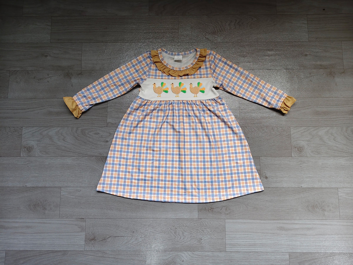 ( No moq ) Preorder Baby Girls Kids Embroidery turkey Thanksgiving Plaid Knee Length Dress Clothes