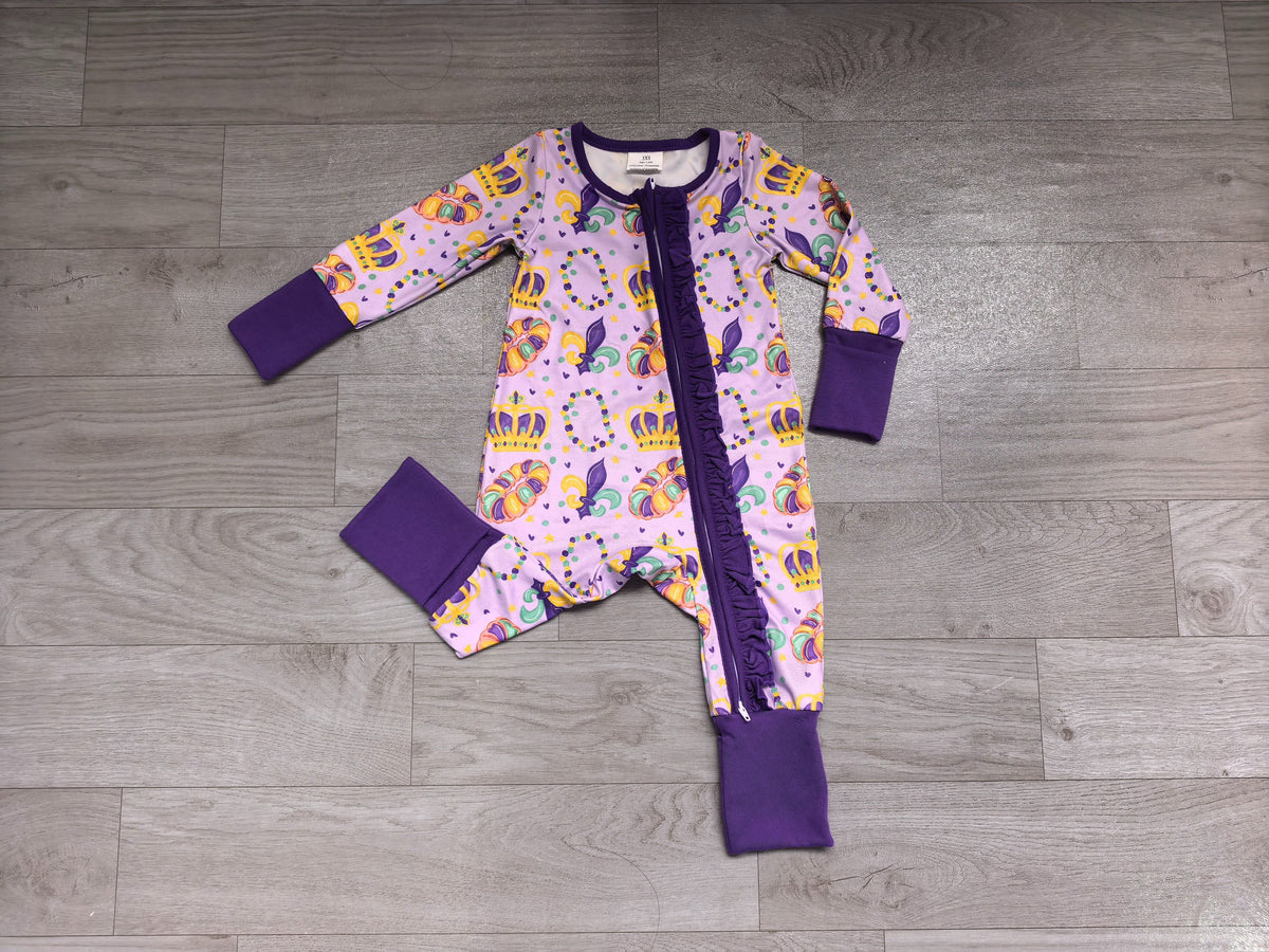 ( No moq ) Preorder Baby Toddler Kids Flower Donuts Mardi Gras Zipper Footie Sleeper Romper Clothes