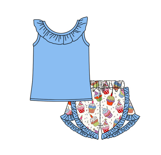 Baby Girl Blue Cotton Shirt Birthday Shorts Clothes Set Moq 5